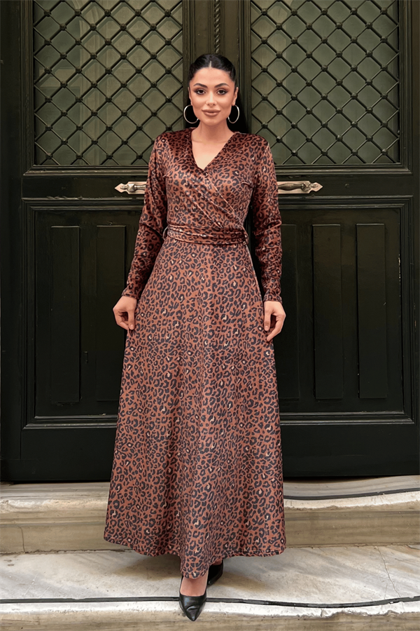 Kadife Leopar Desenli Elbise - LEOPAR
