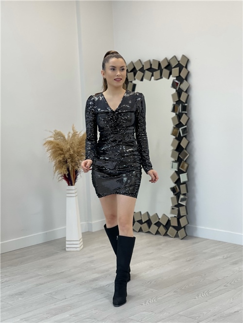 Velvet Spotty Mini Dress - Black
