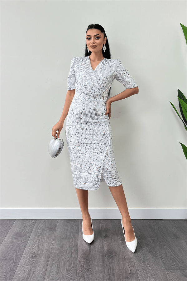 Kadife Payet Ceket Elbise - BEYAZ