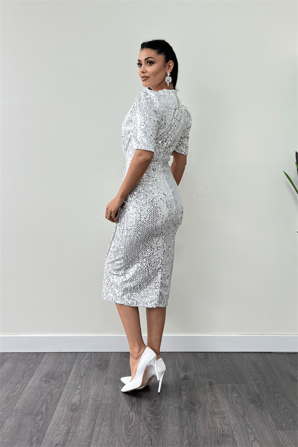 Kadife Payet Ceket Elbise - BEYAZ