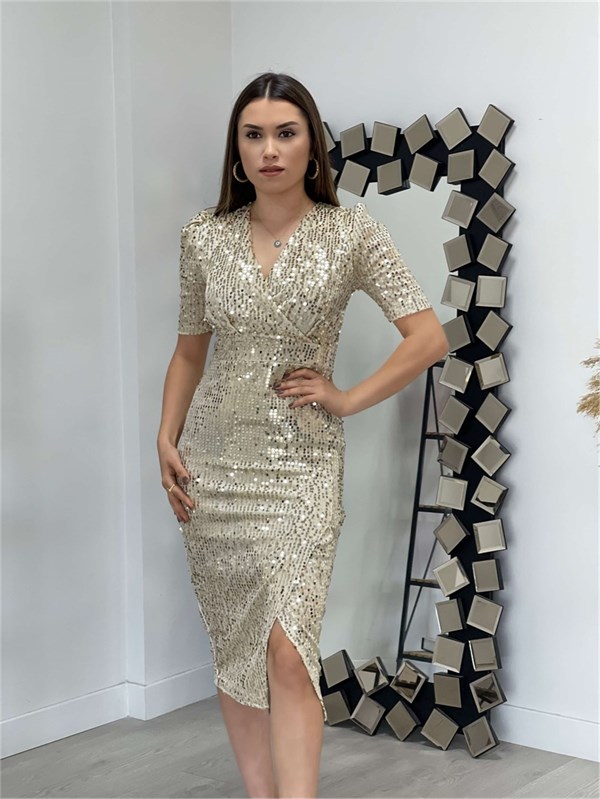 Kadife Payet Ceket Elbise - GOLD