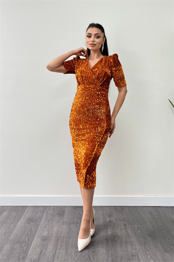 فستان جاكيت مخملي ترتر - خردل