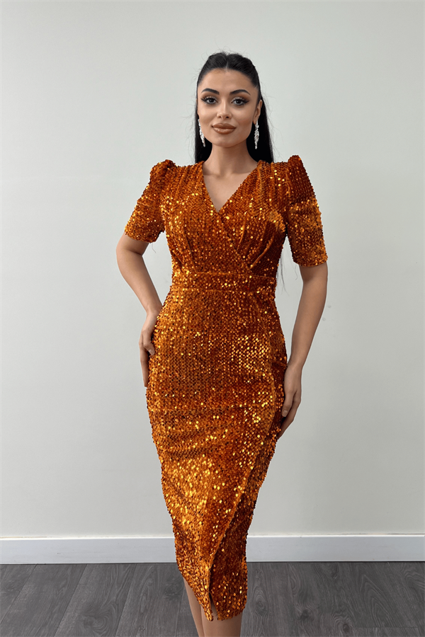 فستان جاكيت مخملي ترتر - خردل