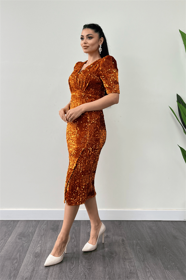 فستان جاكيت مخملي ترتر - خردل