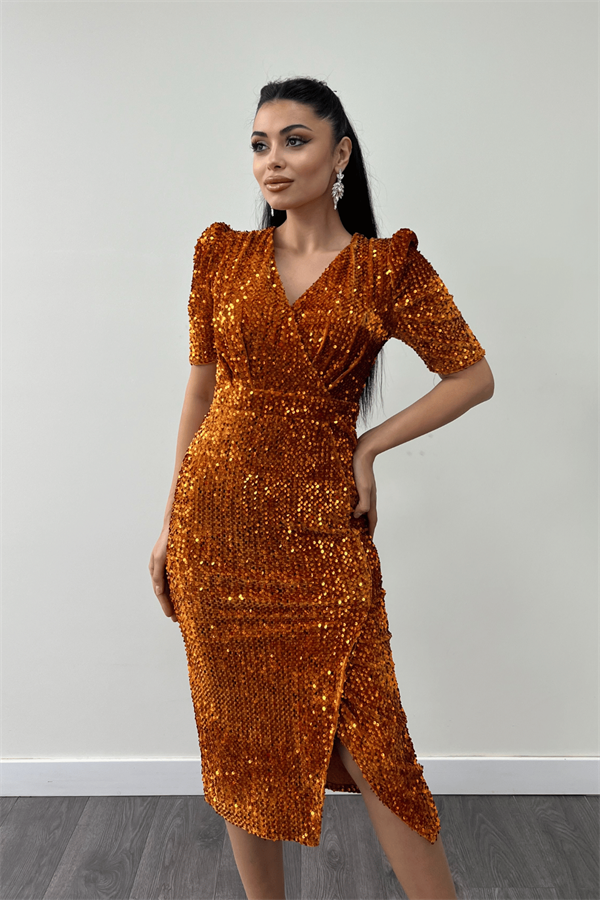 فستان جاكيت مخملي ترتر - خردل