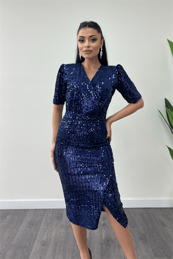 Kadife Payet Ceket Elbise - KOYU LACİVERT