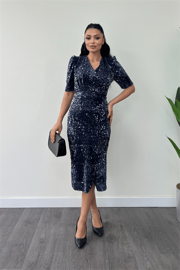 فستان جاكيت مخملي ترتر - الأزرق الداكن