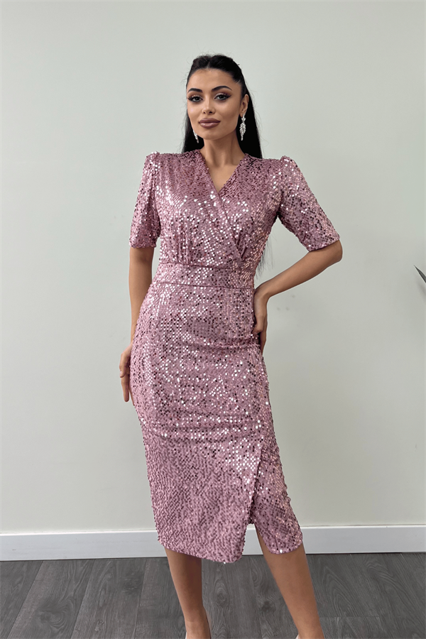 فستان جاكيت مخملي ترتر - لون البودرة