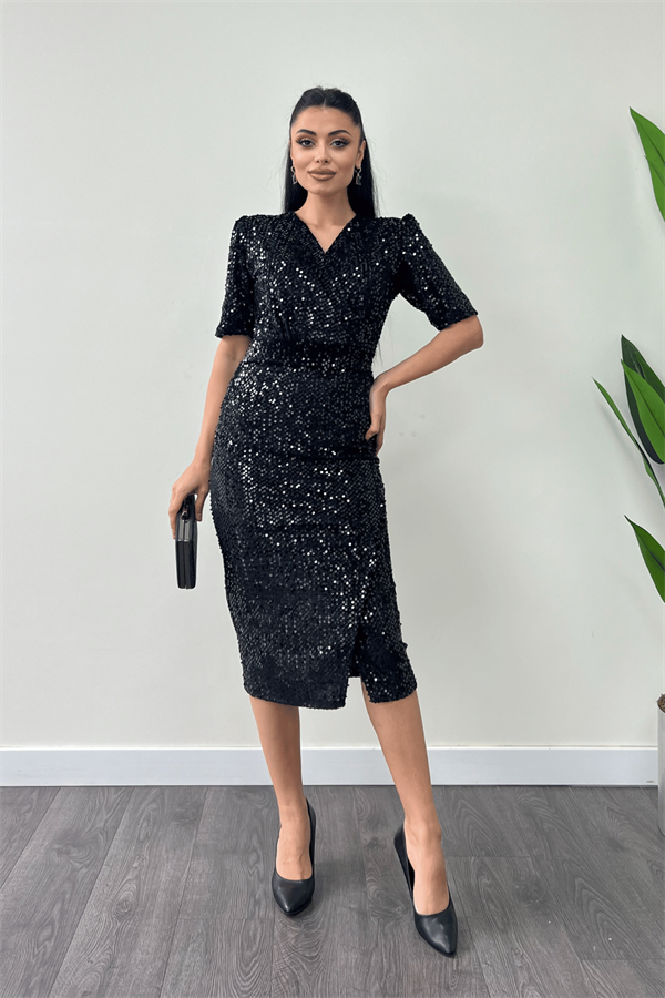 فستان جاكيت مخملي ترتر - الأسود