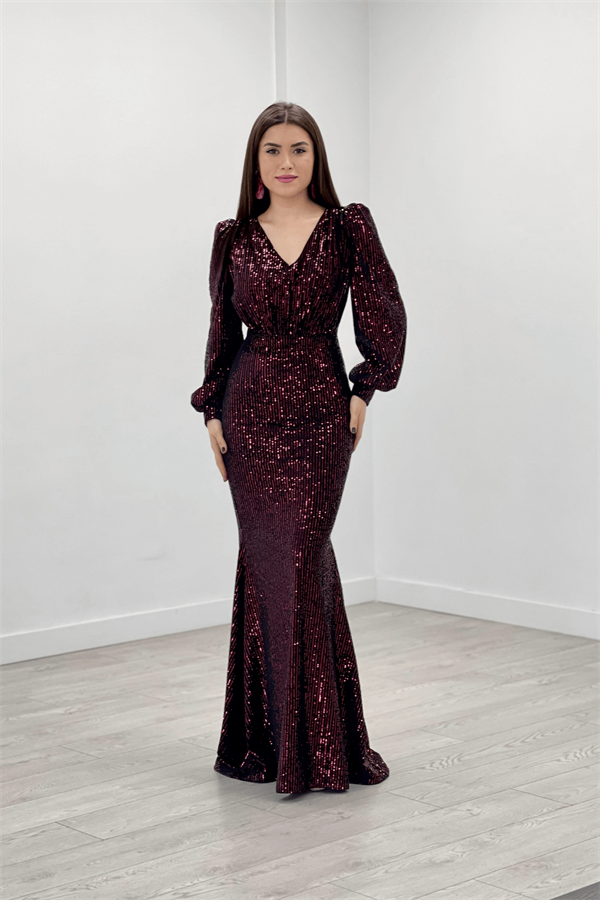 Çizgili Payet Kumaş Balık Elbise - BORDO