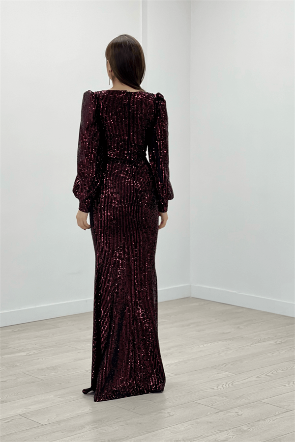 Çizgili Payet Kumaş Balık Elbise - BORDO