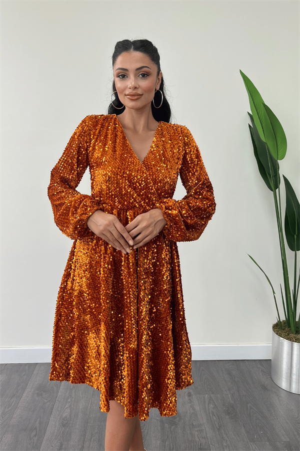 Kadife Payet Kumaş Kruvaze Yaka Midi Elbise - GOLD