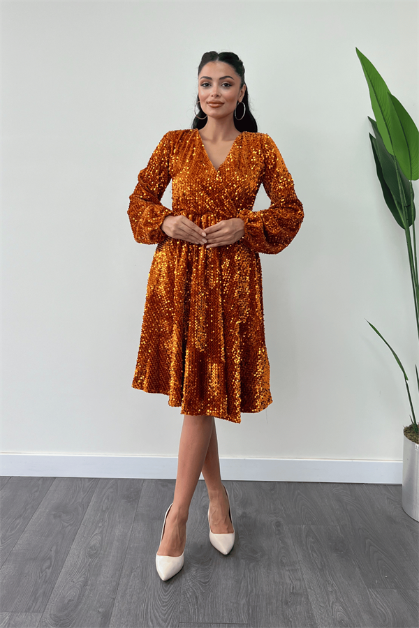 Kadife Payet Kumaş Kruvaze Yaka Midi Elbise - GOLD