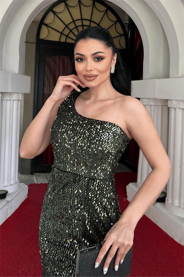 Kadife Payet Tek Kol Abiye Elbise - HAKİ YEŞİLİ