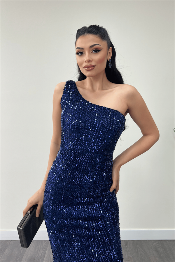 Kadife Payet Tek Kol Abiye Elbise - LACİVERT