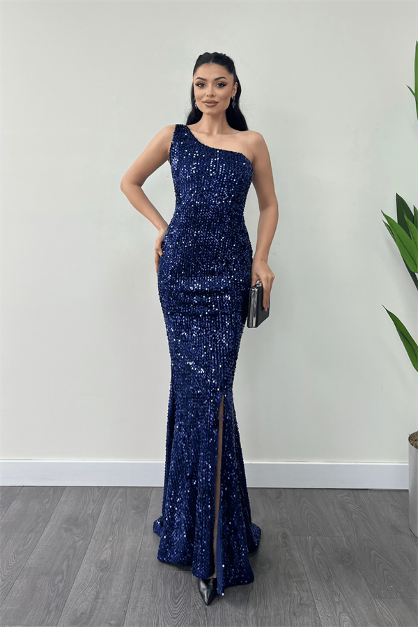 Kadife Payet Tek Kol Abiye Elbise - LACİVERT