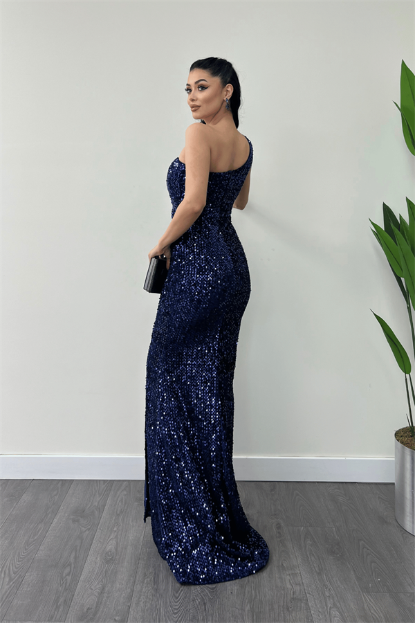 Kadife Payet Tek Kol Abiye Elbise - LACİVERT