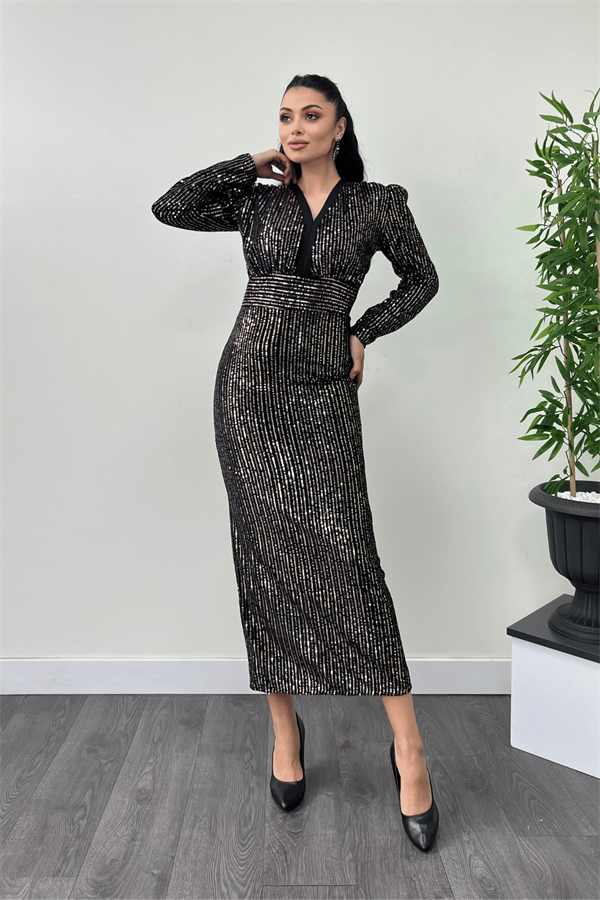 Kadife Şerit Payet Kumaş Tasarımı Kalem Elbise - GOLD