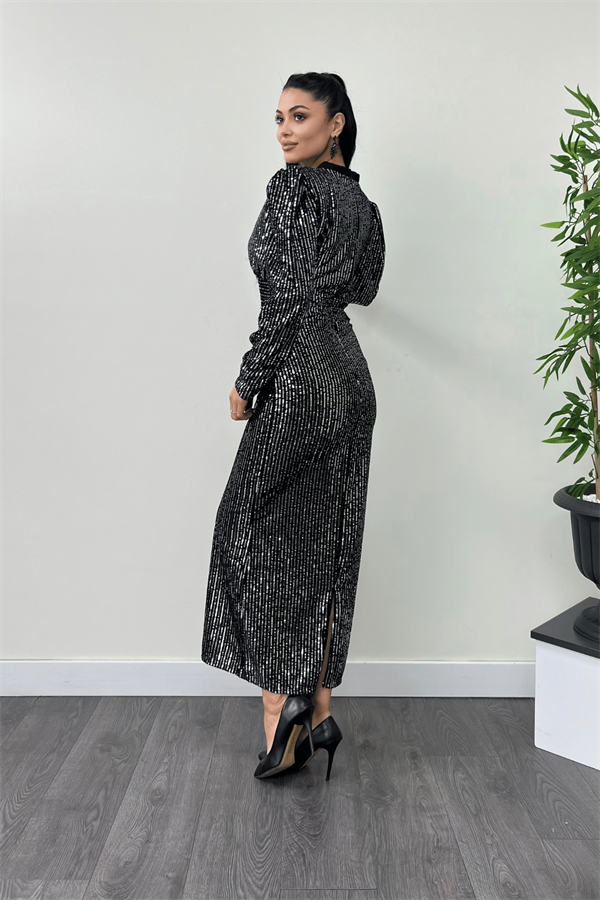 Kadife Şerit Payet Kumaş Tasarımı Kalem Elbise - GÜMÜŞ