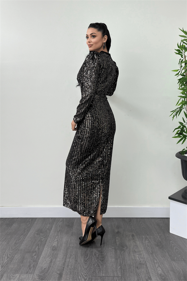 Kadife Şerit Payet Kumaş Tasarımı Kalem Elbise - GOLD