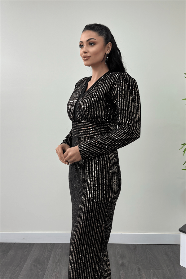 Kadife Şerit Payet Kumaş Tasarımı Kalem Elbise - GOLD