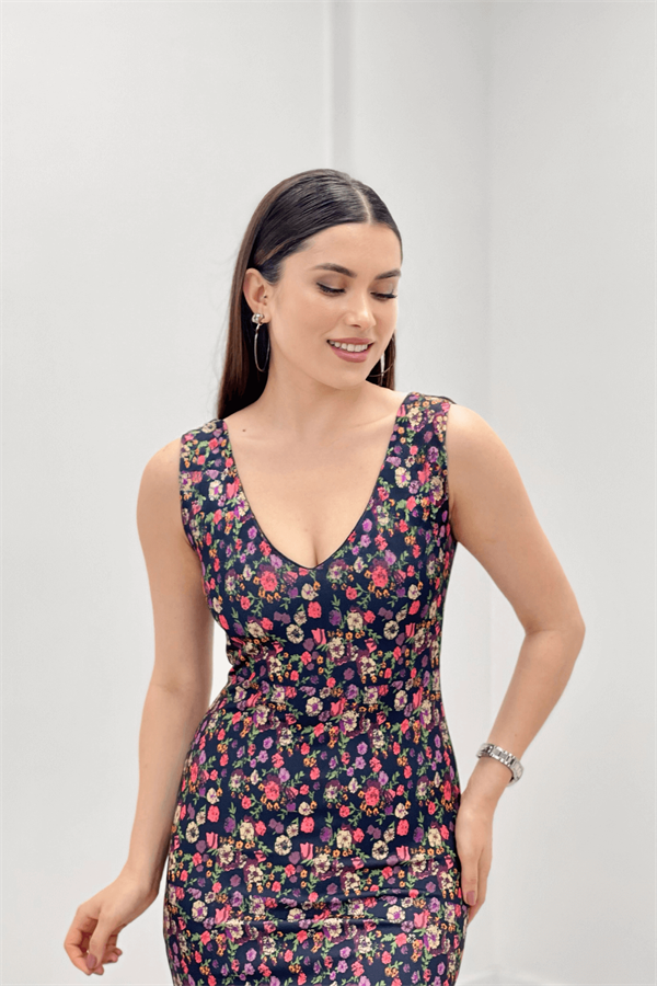 Thick Strap Patterned Dress - Black