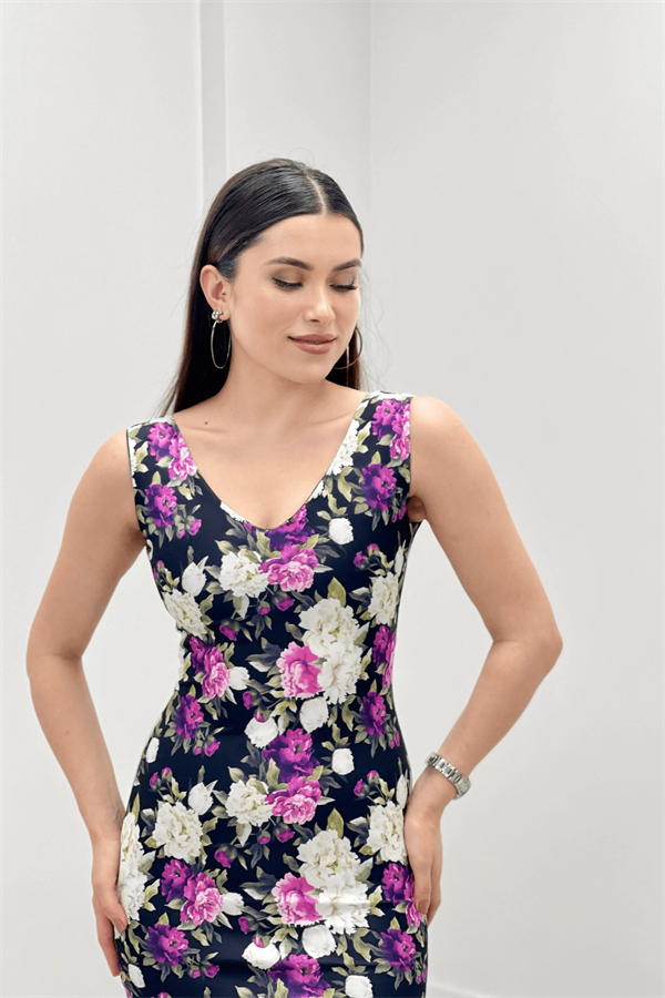 Thick Strap Floral Dress - Black