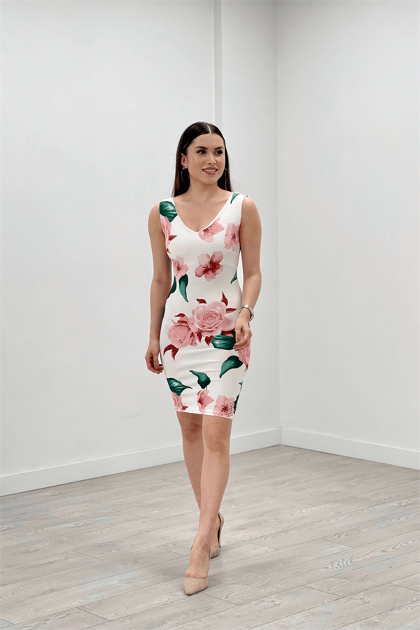 Thick Strap Rose Figured Dress - White