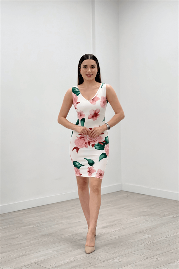Thick Strap Rose Figured Dress - White