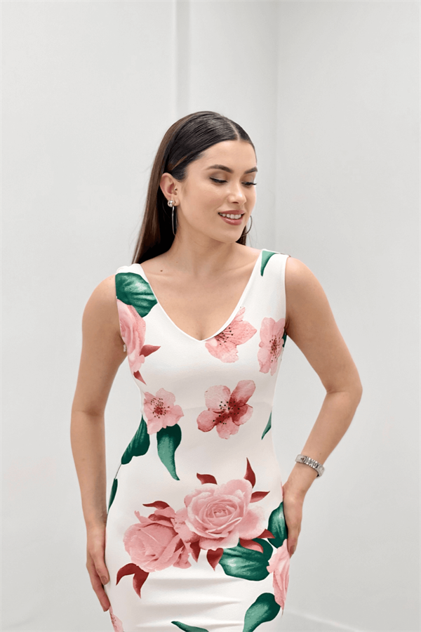 Thick Strap Rose Figured Dress - White