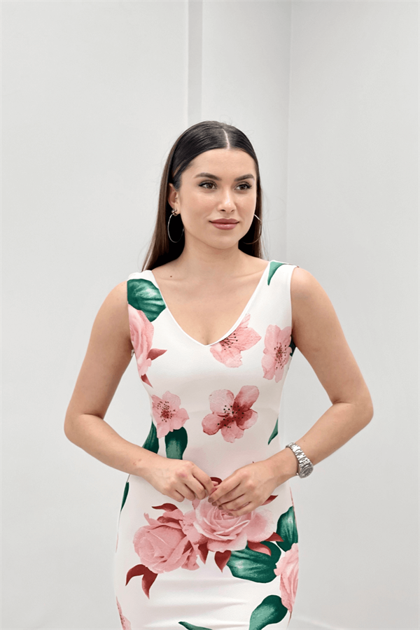 Thick Strap Rose Figured Dress - White