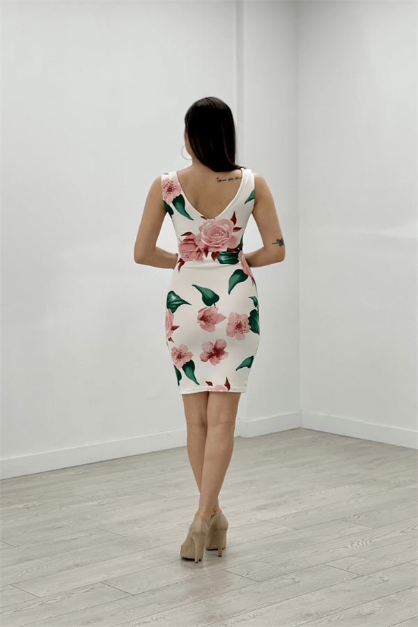 Thick Strap Rose Figured Dress - White