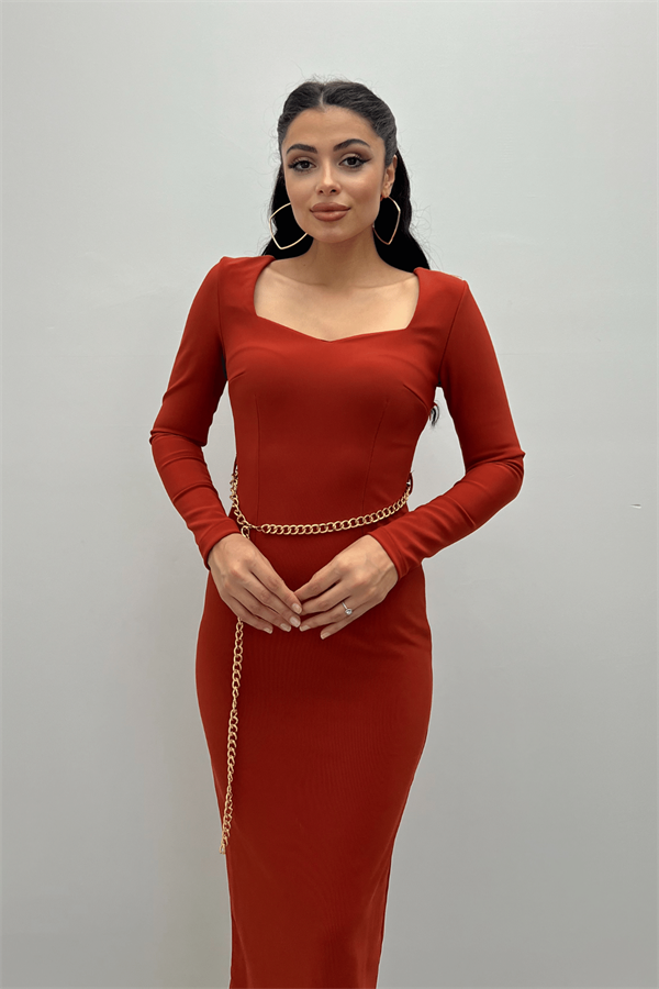 فستان بحزام سلسلة بياقة على شكل قلب - البلاط