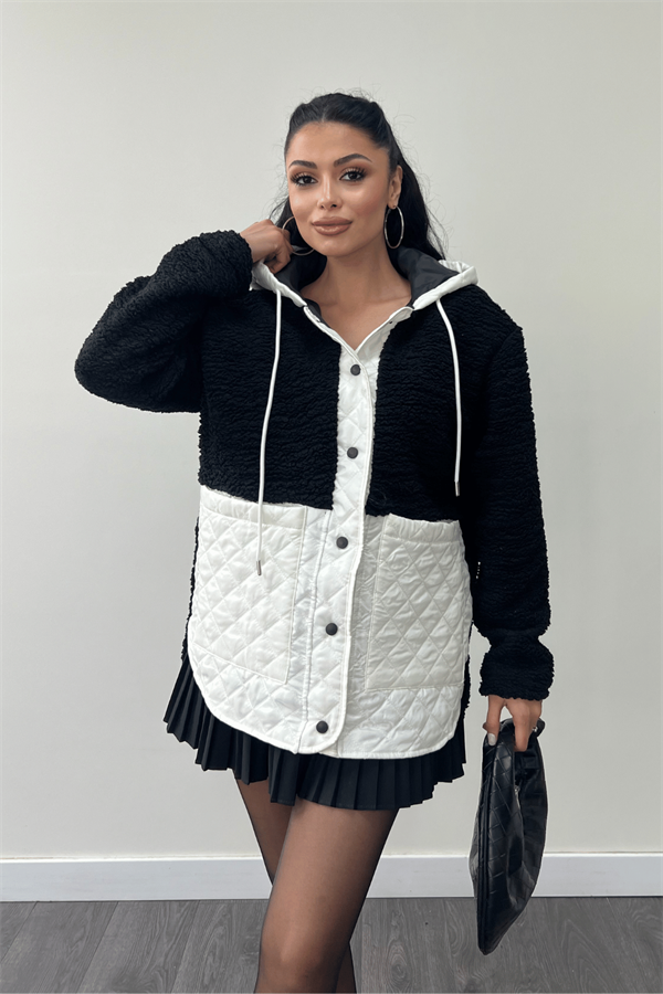 Kapitone Kumaş Peluş Garnili Ceket - SİYAH