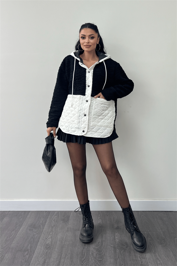 Kapitone Kumaş Peluş Garnili Ceket - SİYAH