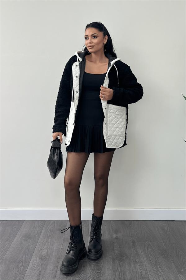 Kapitone Kumaş Peluş Garnili Ceket - SİYAH