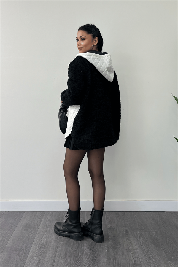 Kapitone Kumaş Peluş Garnili Ceket - SİYAH