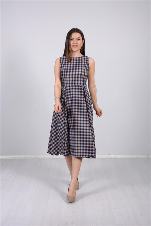 Chequered Fabric Midi Dress - Cream Color