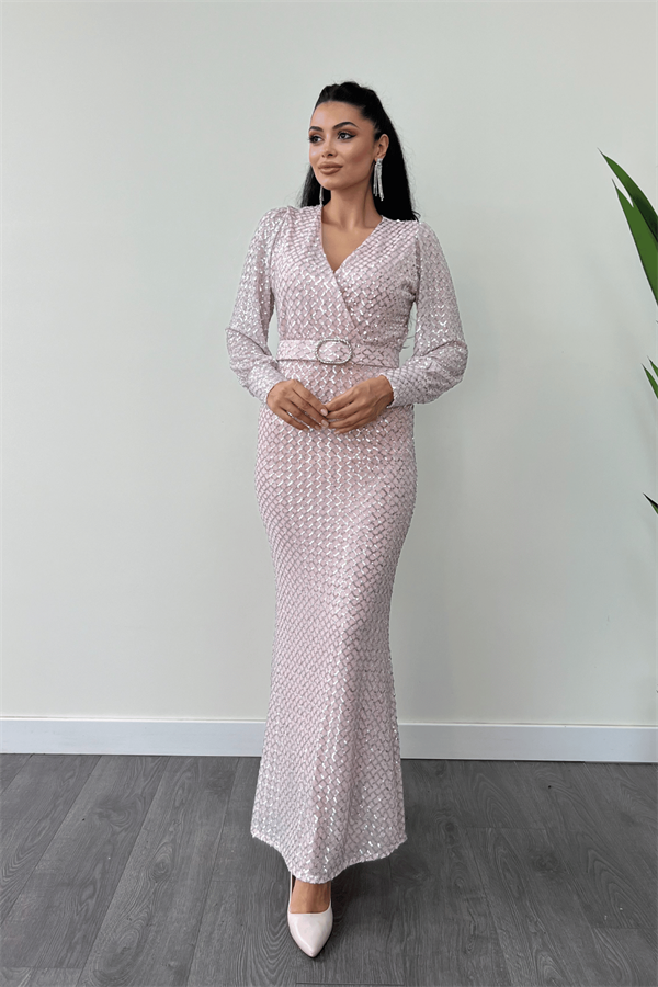 Kareli Payet Kumaş Kruvaze Yaka Elbise - PUDRA