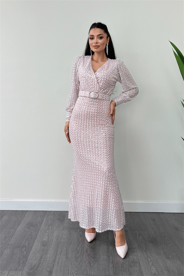 Kareli Payet Kumaş Kruvaze Yaka Elbise - PUDRA