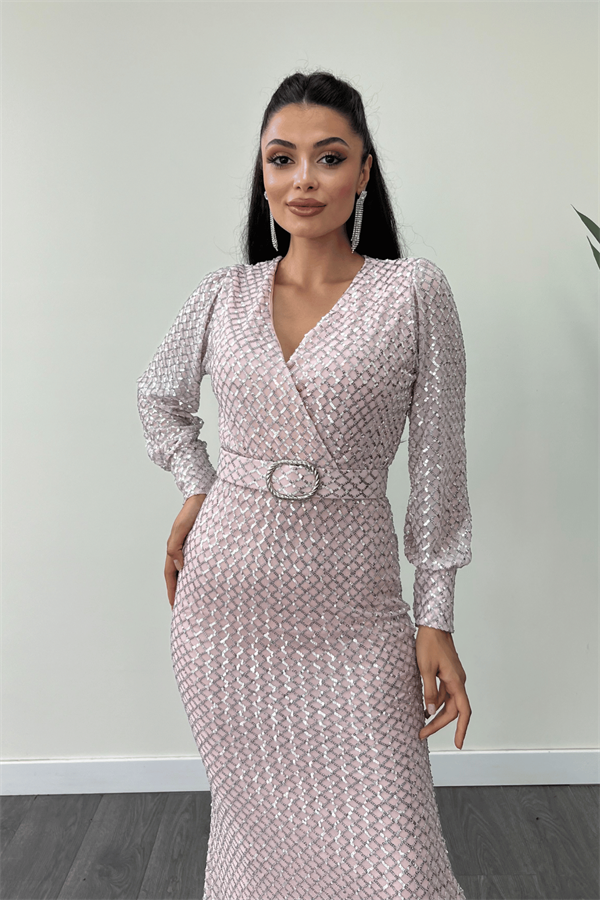 Kareli Payet Kumaş Kruvaze Yaka Elbise - PUDRA