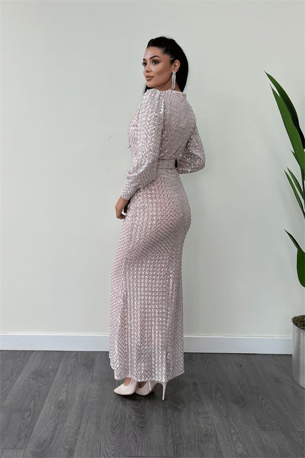 Kareli Payet Kumaş Kruvaze Yaka Elbise - PUDRA