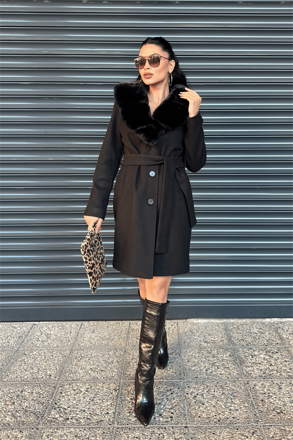 Kaşe Kumaş Kürk Detaylı Kaban - SİYAH