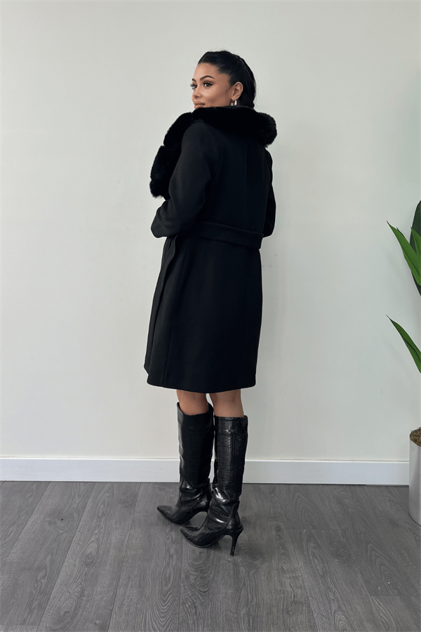 Kaşe Kumaş Kürk Detaylı Kaban - SİYAH