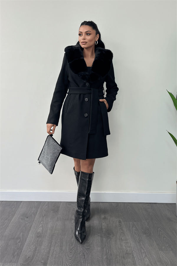 Kaşe Kumaş Kürk Detaylı Kaban - SİYAH