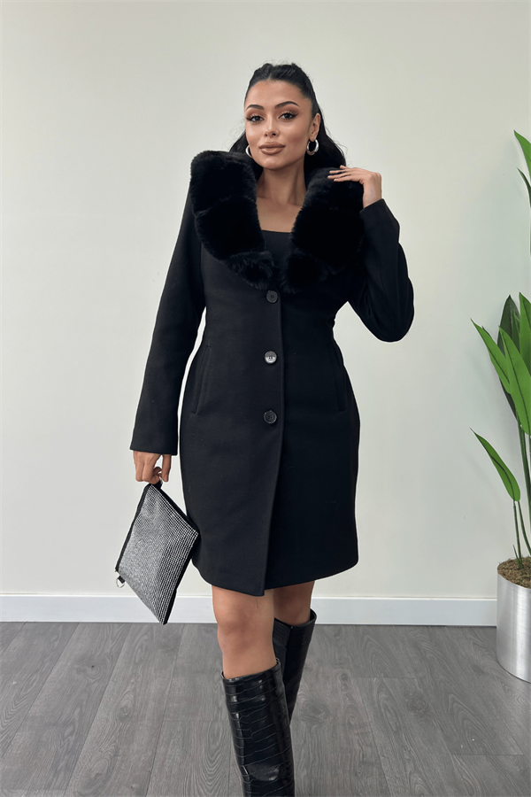 Kaşe Kumaş Kürk Detaylı Kaban - SİYAH