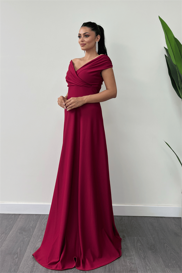 Kayık Yaka Kiloş Elbise - Bordo