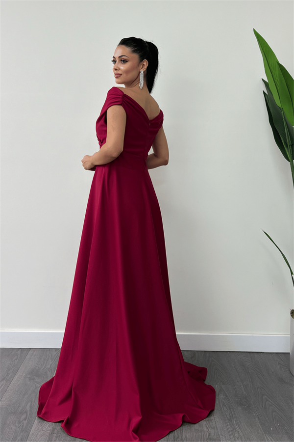 Kayık Yaka Kiloş Elbise - Bordo