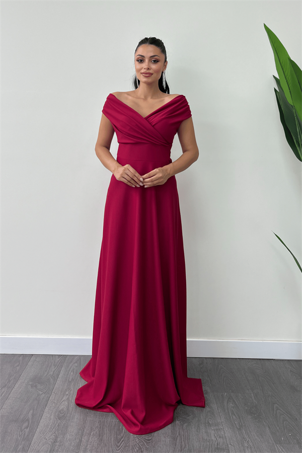 Kayık Yaka Kiloş Elbise - Bordo