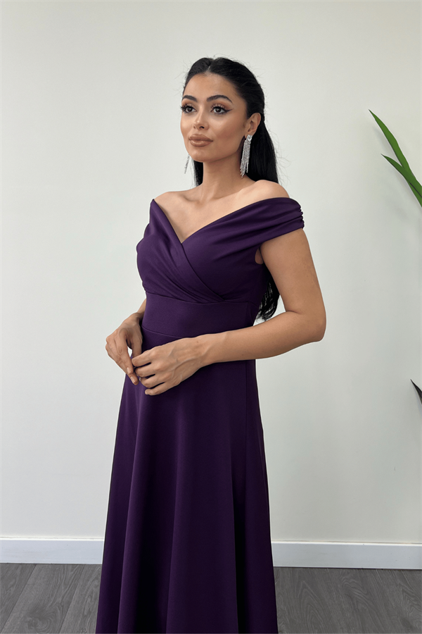 Kayık Yaka Kiloş Elbise - Patlıcan Mor